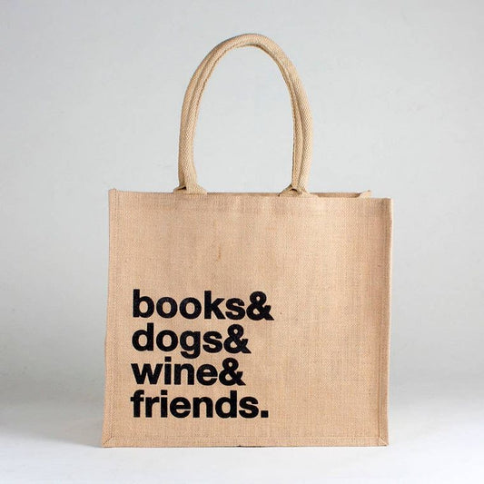 Jute Market Tote Bag Books & Dogs & Wine & Friends